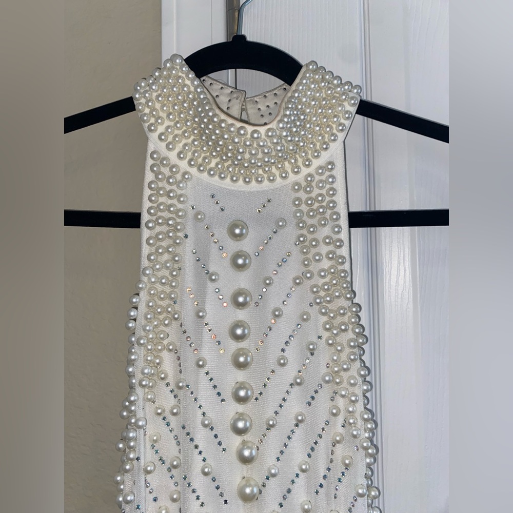 white pearl beaded cocktail dress.